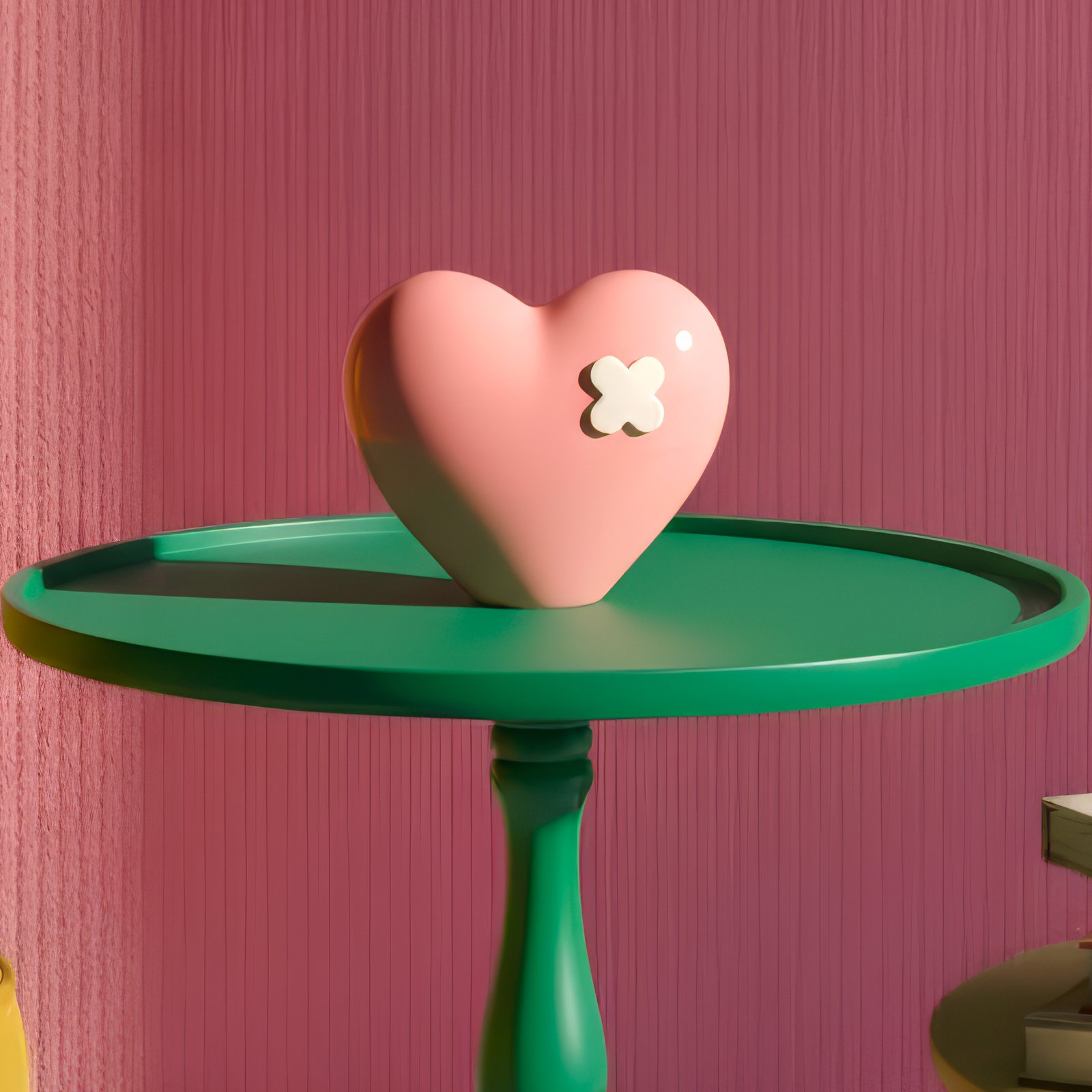 Vase rose en forme de cœur avec un pansement, posé sur un guéridon vert devant un mur rose